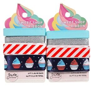 Gwen Studios Sweet Shop Ribbon Lot of 2 48' Cupcake Patriotic Blue Red Crafting